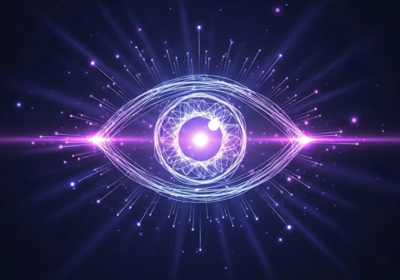 A close-up of a camera lens or a digital eye.